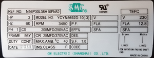 SMC Motor Model YCYN5692D Nameplate